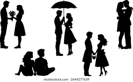 Stylish Silhouette Vector Set of Love Couples - Hugging, Sharing and Romantic Gestures
