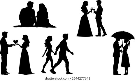 Stylish Silhouette Vector Set of Love Couples - Hugging, Toasting and Romantic Moments