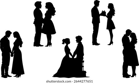 Stylish Silhouette Vector Set of Love Couples - Hugging, Gifting and Romantic Moments
