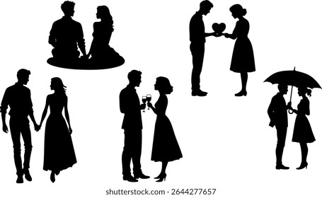Stylish Silhouette Vector Set of Love Couples - Hugging, Toasting and Romantic Scenes