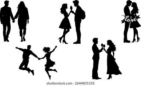Stylish Silhouette Vector Set of Love Couples - Jumping, Toasting and Romantic Activities