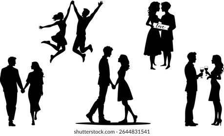 Stylish Silhouette Vector Set of Love Couples - Jumping, Toasting and Romantic Poses