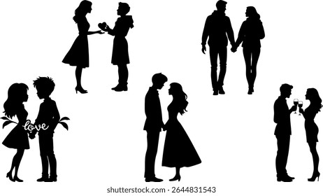 Stylish Silhouette Vector Set of Love Couples - Hugging, Toasting and Romantic Moments