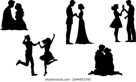 Stylish Silhouette Vector Set of Love Couples - Dancing, Jumping and Romantic Activities