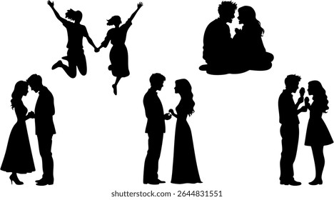 Elegante Silhueta Vetor Conjunto de Casais de Amor - Sentado, Rindo e Romântico Poses