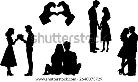 Stylish Silhouette Vector Set of Love Couples - Hugging, Dancing and Heartfelt Gestures