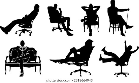 Stylish Silhouette Vector Set: People Sitting on Comfortable Chairs in Various Poses, People Relaxing on Stylish Chairs, People in Fashionable Poses on Comfy Chairs