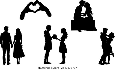 Stylish Silhouette Vector Set of Romantic Love Couples - Sitting, Hugging, Gifting and More