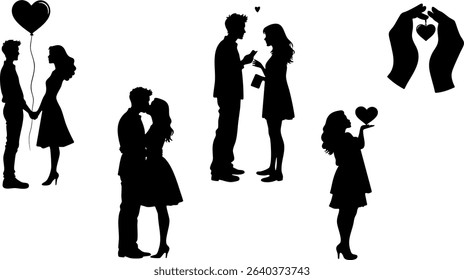 Stylish Silhouette Vector Set of Romantic Love Couples - Dancing, Hugging, Balloons and Heart Moments