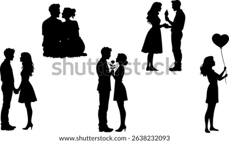Stylish Silhouette Vector Set of Romantic Love Couples - Embracing, Dancing, Hugging and More