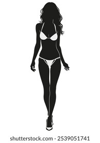 A stylish silhouette of a woman confidently walking on the beach in a bikini, embodying summer vibes