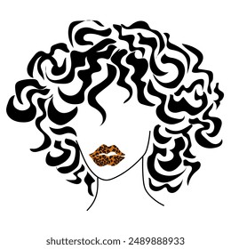 Stylish silhouette of a young woman with wavy hair and fashionable leopard print on her lips for design