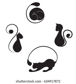 stylish silhouettes of black cats in different poses
