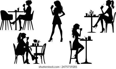 Stylish silhouettes of cafe ladies