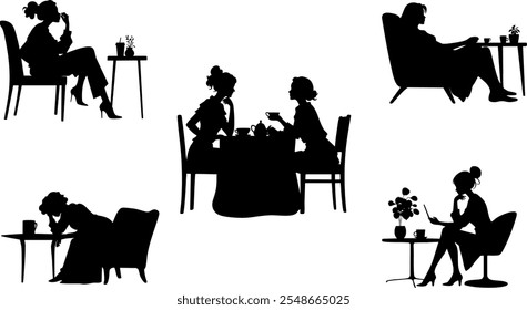 Stylish silhouettes of cafe ladies