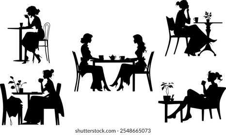 Stylish silhouettes of cafe ladies