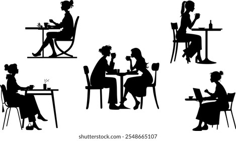 Stylish silhouettes of cafe ladies