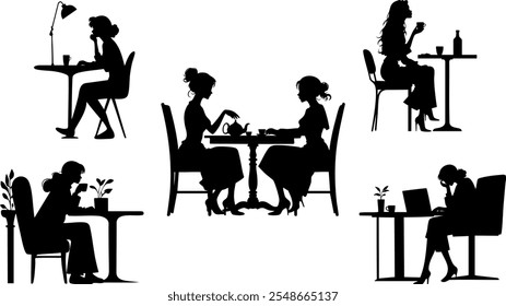 Stylish silhouettes of cafe ladies