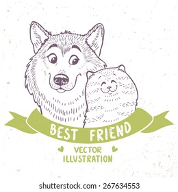 Stylish silhouettes cartoon cute dog husky and cat. Vector illustration