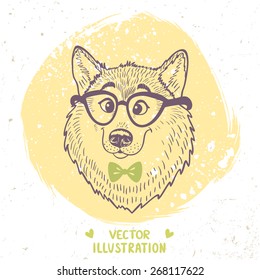 Stylish silhouettes cartoon cute dog husky with glasses and bow tie. Vector illustration
