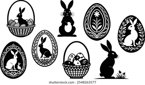 Stylish silhouettes of Easter bunnies and eggs