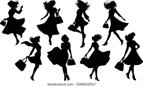 Stylish silhouettes of fashion ladies. Hair and dresses fluttering in the wind. Carrying handbags.