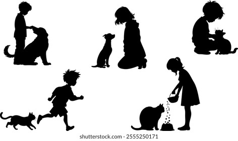 Stylish silhouettes set of children with cat and dog