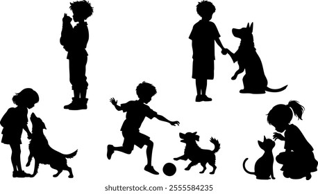 Stylish silhouettes set of children with cat and dog