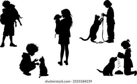 Stylish silhouettes set of children with cat and dog