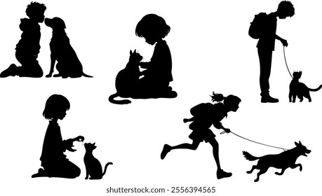 Stylish silhouettes set of children with cat and dog