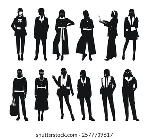 Stylish silhouettes of women with feminine accessories. Ties, bags, bows, hairbands, bandana, headbands, jewelry, earrings, watch, ring, necklace, pendants, cuff,  hair, accessories, hairpins, studs