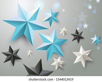 Stylish silver background with black, white and blue stars. Vector illustration.