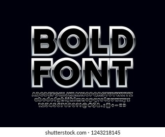 Stylish Silver Bold Font. Vector Steel Letters, Numbers And Symbols.