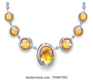 Stylish, silver necklace, decorated with amber and silver beads.