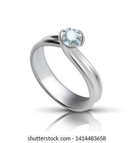 Stylish Silver Ring With Diamond On Top Vector. Female Adornment Ring With Faceted Jewelry Stone Elegance Gift On Christmas Or Birthday. Closeup Shine Luxury Accessory Realistic 3d Illustration
