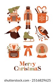 Stylish simple greeting card to Christmas. Merry Christmas, Happy New Year. Banner with vector illustrations of nutcracker, hot drink, snow globe, vintage car with fir tree, ice skates, bullfinch.