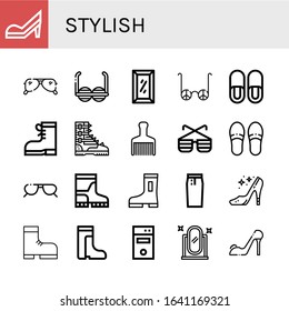 stylish simple icons set. Contains such icons as High heels, Sunglasses, Full length mirror, Slippers, Boots, Boot, Hair brush, Pencil skirt, can be used for web, mobile and logo