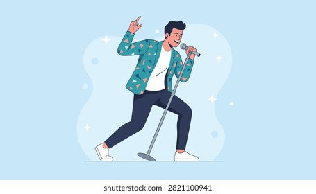 Stylish singer performs with high energy while holding a microphone in front of a light blue background with sparkling effects.