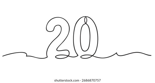 Stylish single line drawing of number 20. Modern minimalist design, perfect for birthday or anniversary.