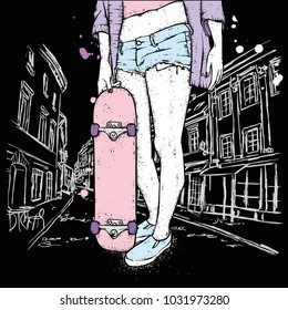 Stylish skater girl. Skateboard. Vector illustration for a postcard or a poster, print for clothes. Street cultures.