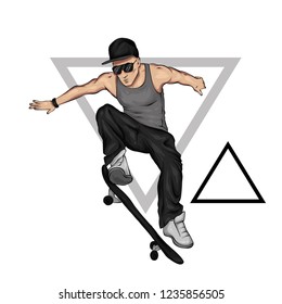 A stylish skater with glasses, a vest and trousers. A handsome guy with a beard. Street sports. Vector illustration for a postcard or a poster, print for clothes. Athlete.
