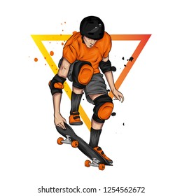 A stylish skater with glasses, a vest and trousers.  Street sports. Vector illustration for a postcard or a poster, print for clothes. Athlete. Skateboard.