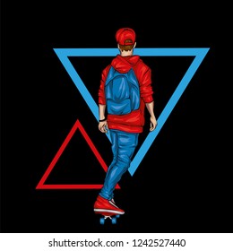 Un patineur élégant. Un bel homme. Sports de rue. Illustration vectorielle d'une carte postale ou d'une affiche, à imprimer pour les vêtements. Athlète.
