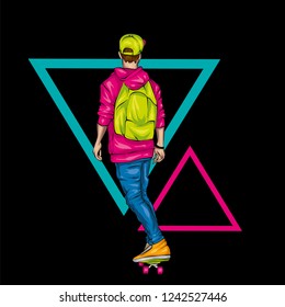 A stylish skater. A handsome guy. Street sports. Vector illustration for a postcard or a poster, print for clothes. Athlete.
