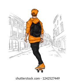 A stylish skater. A handsome guy. Street sports. Vector illustration for a postcard or a poster, print for clothes. Athlete.
