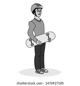 Stylish skater holding a skateboard in his right hand. Grey scale vector graphic illustration for street cultures.