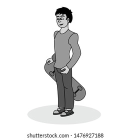 Stylish skater holding a skateboard in his right hand. Grey scale vector graphic illustration for street cultures.