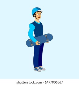 Stylish skater holding a skateboard in his left hand. Color vector graphic illustration for street cultures.