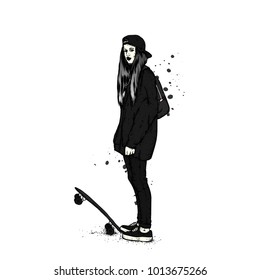 Stylish skater in jeans and sneakers. Skateboard. Vector illustration for a postcard or a poster, print for clothes. Street cultures.