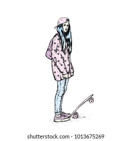 Stylish skater in jeans and sneakers. Skateboard. Vector illustration for a postcard or a poster, print for clothes. Street cultures.